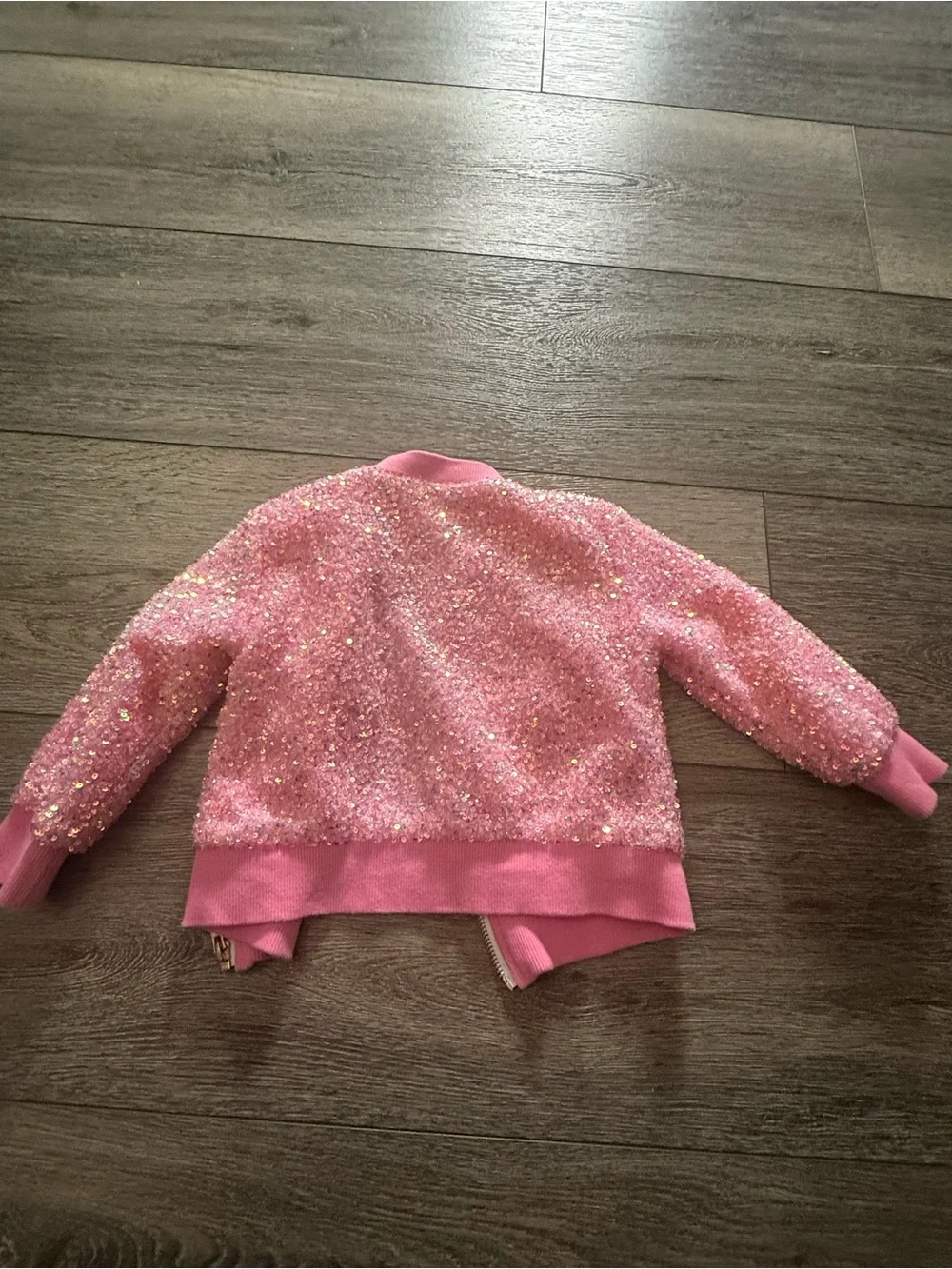 Girls Pink Sequin Bomber Jacket with Gold Zip